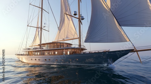 Elegant sailing yacht gliding smoothly over tranquil ocean waters at sunset, showcasing beautiful sails and luxurious wooden deck with a clear sky backdrop