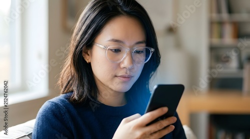 Young Asian woman checking smartphone messages indoors. Female professional reading notifications on mobile device at home.