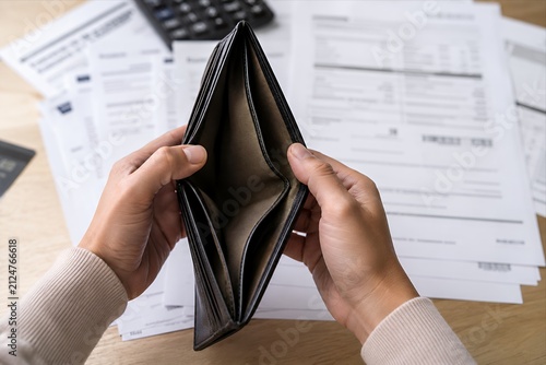 Middle aged woman opening empty wallet illustrating financial uncertainty rising household expenses budget deficit and personal money shortage