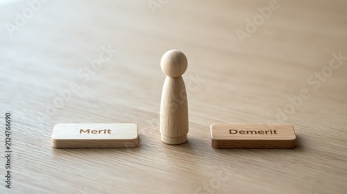 Obraz na płótnie 「Merit」と「Demerit」のボードと中央に立つ木製人形の選択概念
