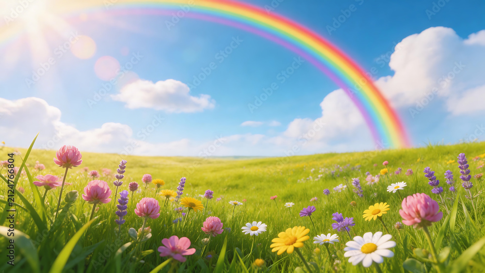 Fototapeta premium Colorful flowers under rainbow in field