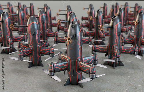 Anti-drone system.Next-generation interceptor drones on the warehouse floor