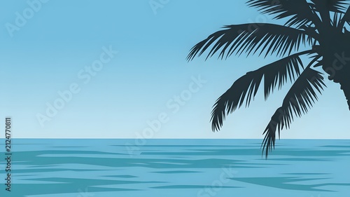 Palm tree silhouette looming over calm blue ocean waters under a clear sky rendered in a simple flat vector illustration