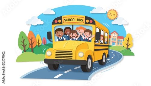 Yellow School Bus Driving with Waving Children Paper Cut Vector Illustration