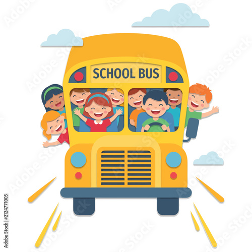 Yellow School Bus Carrying Happy Kids Paper Cut Vector Illustration