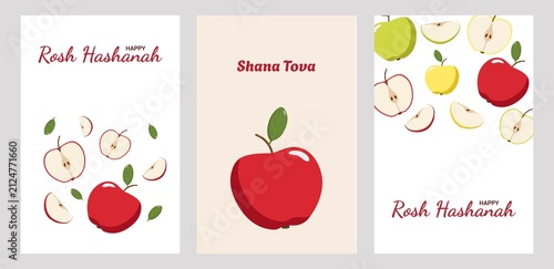 Photography Three Rosh Hashanah greeting cards with apples, slices, and leaves, featuring Ha