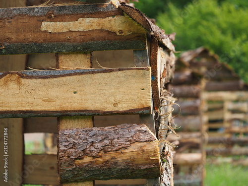 The wall of a house made of wooden boards
