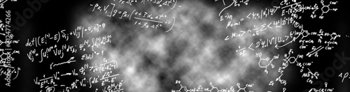 Mathematical equations and symbols displayed in a chaotic manner on a dark background