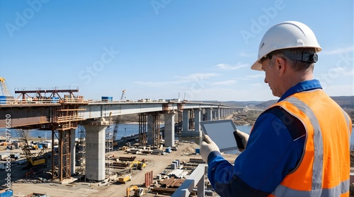 Civil engineer using tablet at bridge construction site during daytime