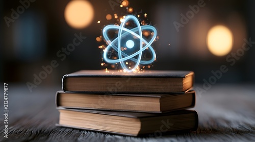 Stack of books with glowing atom symbol against warm studio light
