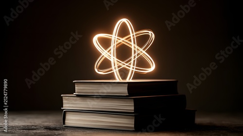 Stack of books with glowing atom symbol against warm studio light