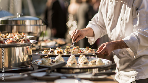 Caterer arranging hors d’oeuvres on silver trays at reception, professional event hospitality.
