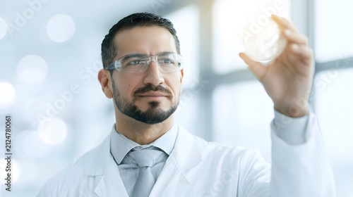Hispanic male researcher examining petri dish in bright lab setting
