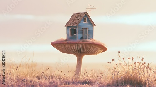 Miniature house on giant mushroom in dreamy meadow