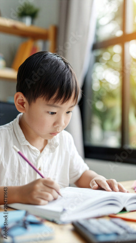 Young boy studying with pencil and book at home with natural light