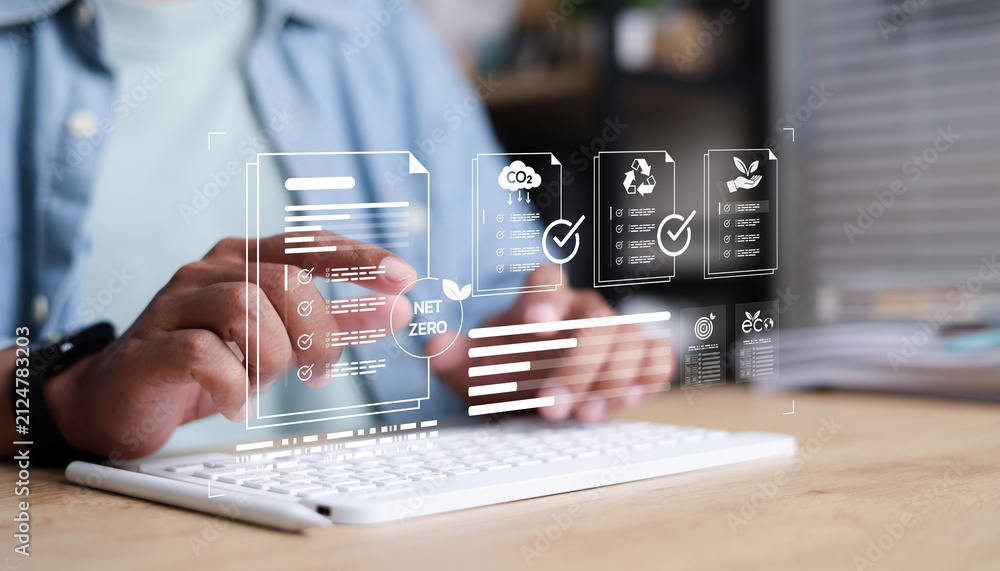 Obraz premium Business professional managing digital ESG compliance documents with net zero, carbon emissions, recycling, and sustainability certification icons. Smart environmental reporting,
