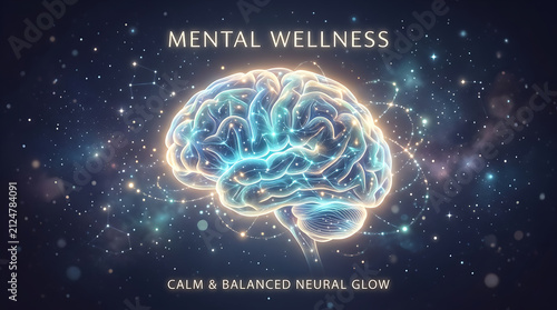 Glowing brain illustration symbolizing mental wellness calm and balanced neural glow