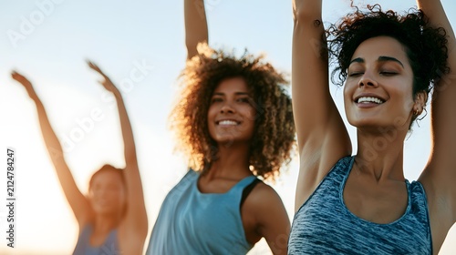 diverse women stretching outdoors golden hour fitness