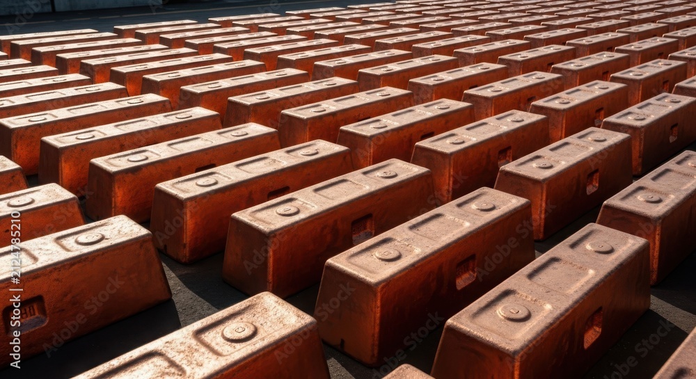 Obraz premium Abundant Copper Ingots Stored in Industrial Setting Viewed From Above