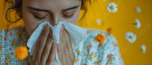 A young woman holds a white napkin to her face showing discomfort from pollen. Flowers surround her as she struggles with allergies in a bright setting