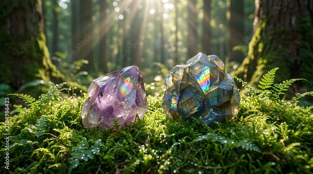 Obraz premium Crystals resting on green moss in forest