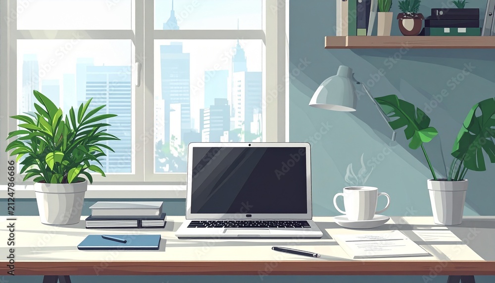 Fototapeta premium Modern home office workspace with laptop computer and house plants featuring a bright window view of a city skyline for professional work.