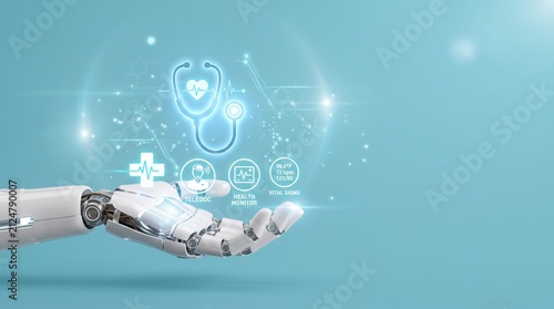 Robotic arm displaying health monitor icons, vital signs tracking, telemedicine, digital healthcare interface, medical diagnostics technology, patient care automation