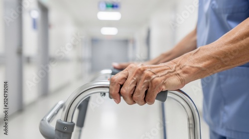 Close-Up of Healthcare Professional's Hands on Walker in Hospital Corridor, Symbolizing Support and Mobility for Patients, in Medical Environment