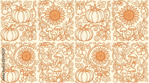 Seamless pattern featuring hand drawn pumpkins sunflowers and mushrooms in a rustic autumn style perfect for seasonal home decor and textile design