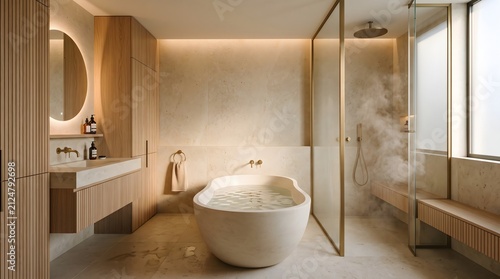 Luxury master bathroom with freestanding tub and steaming glass shower.