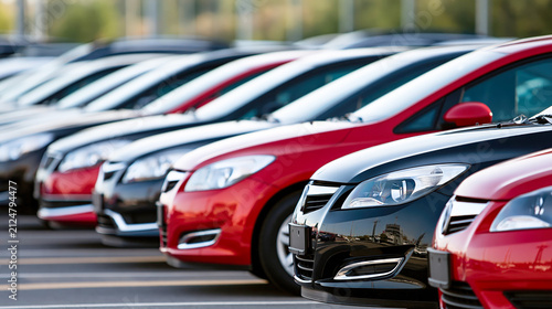 Row of new cars parked at dealership lot with alternating red and black sedans ready for sale
