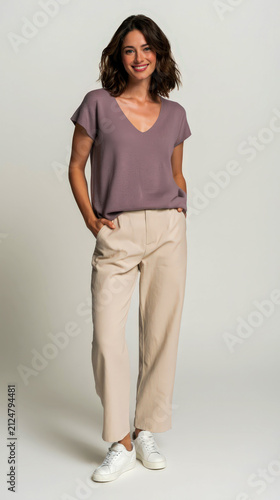 Smiling young woman in casual mauve top and beige trousers standing confidently with hands in pockets against neutral background