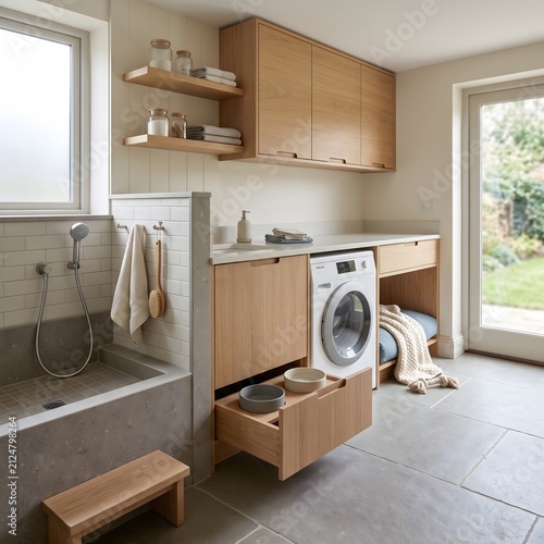 Custom wooden laundry room with built in pet grooming station and storage.