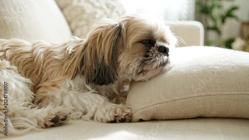 Shih Tzu dog resting peacefully on a beige sofa with pillow in cozy living room