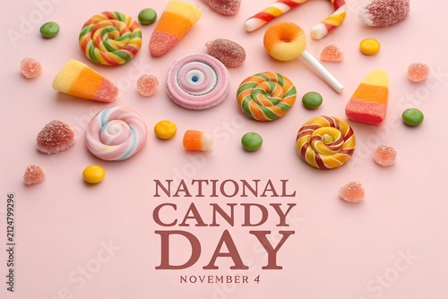 National candy day celebration with assorted sweets on pink background, national