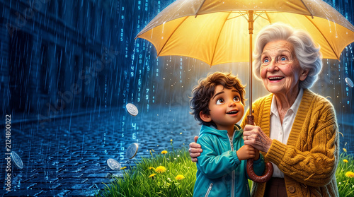 Golden umbrella protecting grandmother and grandchild from digital rain of money and data as a concept of financial security and insurance
