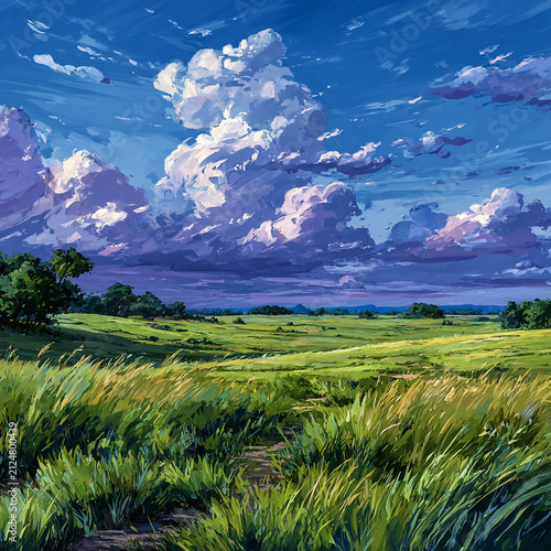 Green grassy rolling meadow landscape with dramatic stormy clouds filling a deep blue sky