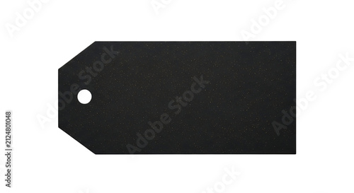 A sleek black gift tag with a textured surface and a hole for hanging, isolated on a clean white background, PNG