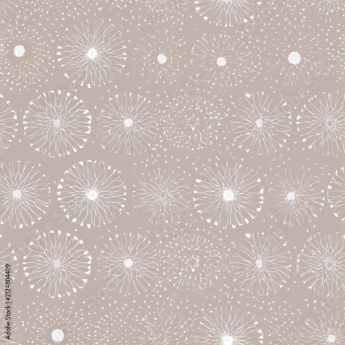 Geometric floral pattern on beige background with white radial flower motif, seamless abstract wallpaper for textile and decor