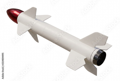 Fotografie Guided Missile Model with Red Nose Cone and White Body