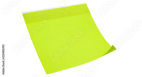 Bright lime green adhesive note with textured top edge and corner fold on clean white background in PNG format