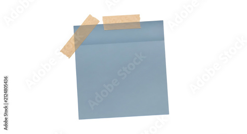 A clean, minimalist blue sheet of paper taped with two pieces of brown tape against a white background, isolated on a pure white canvas, in high definition PNG format