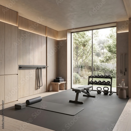 Modern home gym with wooden walls black yoga mat and workout weights.