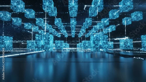 Futuristic Digital City Corridor with Glowing Blue Cubes and Data Streams in Cyber Space