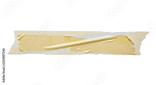 A torn strip of yellow adhesive tape with peeling edges and a glossy residue on a clean white background, PNG