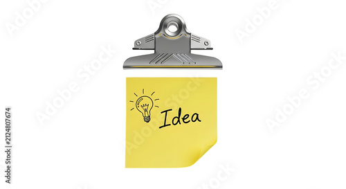 A sleek silver clipboard holding a bright yellow sticky note with the word Idea and a glowing lightbulb icon, isolated on a clean white background. PNG