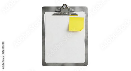 Modern clipboard with metal frame holding blank white papers and a yellow sticky note on a clean white background, PNG