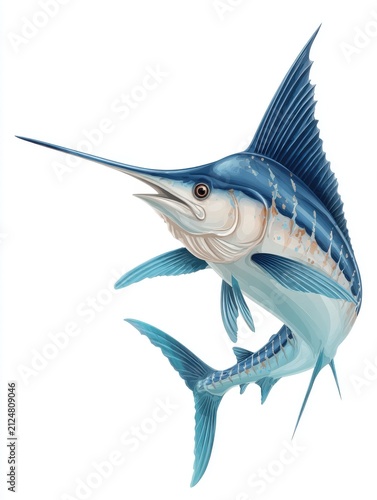 Vibrant Blue Marlin Fish Swimming Isolated On White Background With Detailed Scales And Large Fin