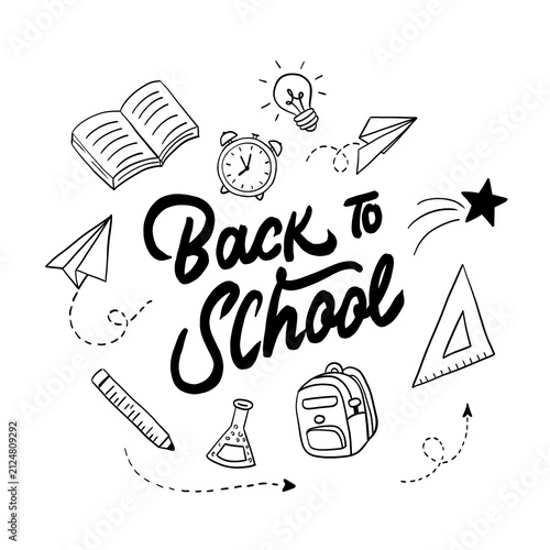 Back to school handwritten lettering with educational icons and symbols