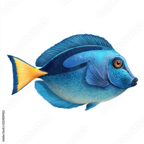 Vibrant Blue Tang Fish With Yellow Tail Isolated On White Background Digital Illustration Art Style